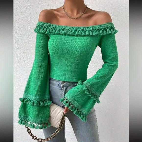 Boho Off Shoulder Flare Long Sleeve Fringe Tassel Cropped Top Blouse Shirt - Picture 3 of 7